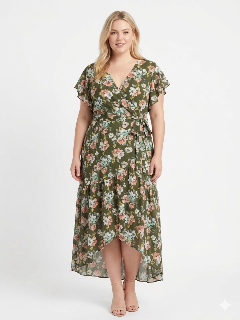Cato Olive Floral Wrap High-Low Midi Dress